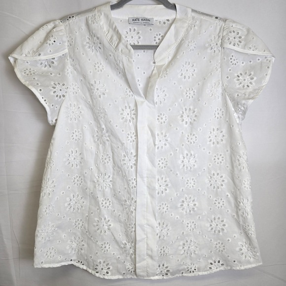 Kate Kasin Tops - Kate Krasin Short Sleeve V-neck Eyelet Blouse, Cottage Spring Summer White Large
